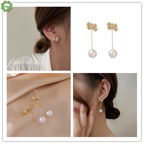 Bông tai hợp kim dáng dài đính nơ phối ngọc trai thanh lịch cho nữ