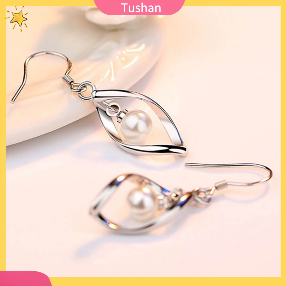 TUSH Elegant Women Faux Pearl Rotating Dangle Hook Earrings Wedding Jewelry Gift