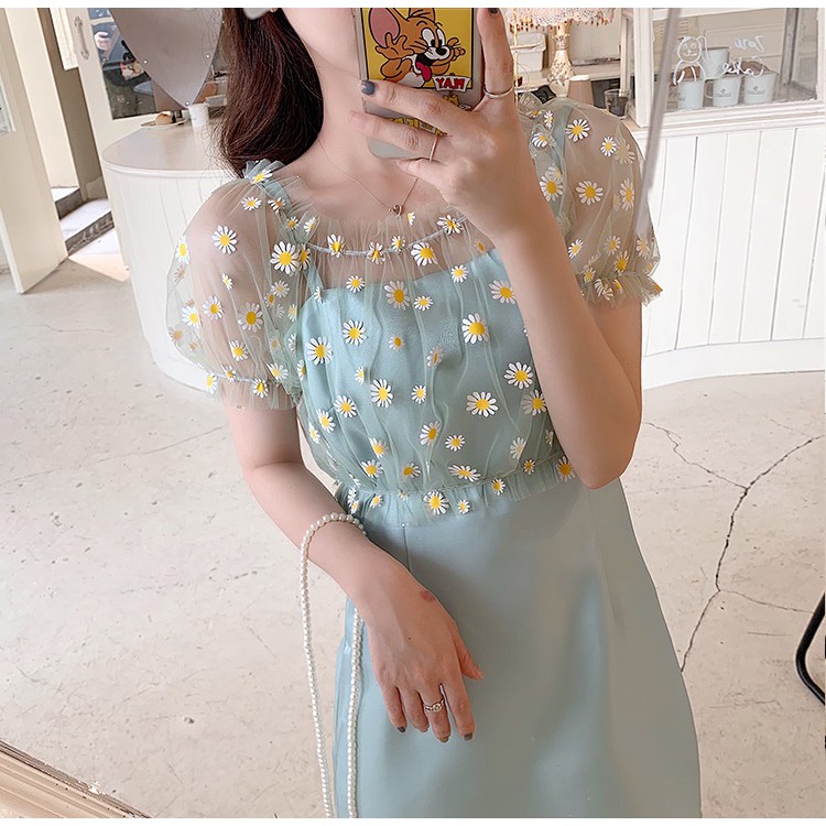 [VD078] Set đầm 2 dây kèm áo lưới hoa cúc (có ảnh thật)