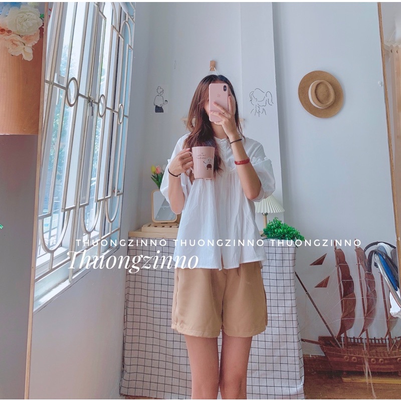 [ẢNH THẬT/VIDEO]Set babydoll gồm áo sơ mi trắng và quần đũi be Set cute Quảng Châu