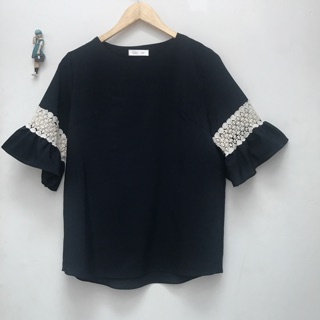 Áo kiểu xanh đen tay bèo phối ren Luli cute