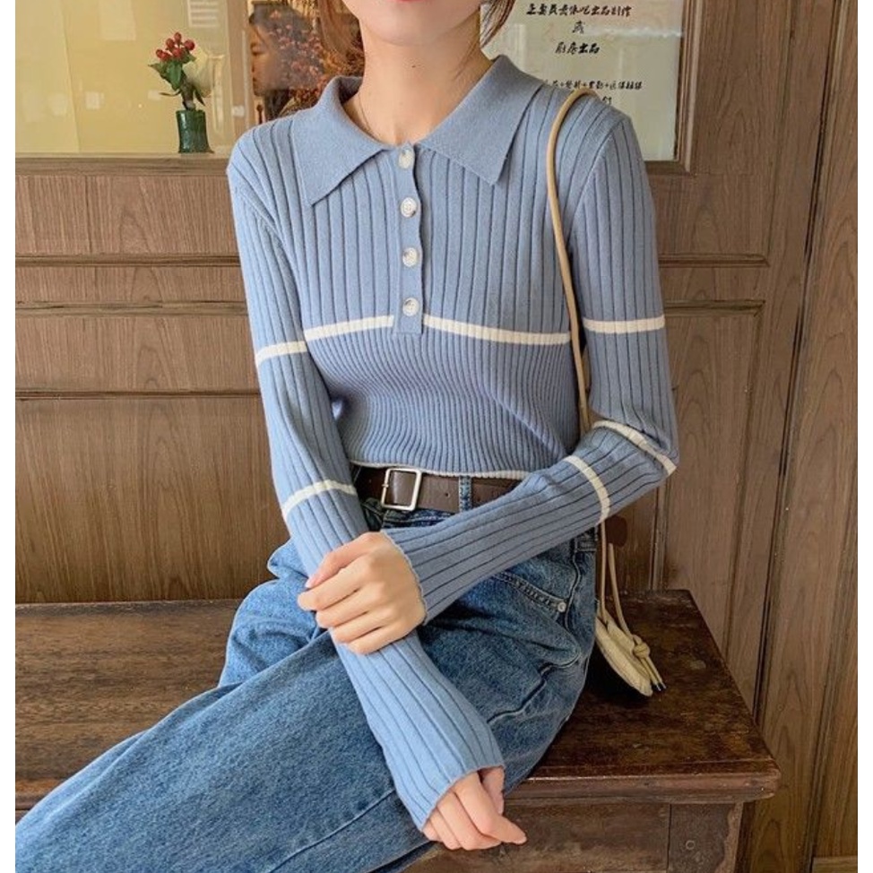 Áo Sweater cổ polo dáng ôm phong cách hàn quốc dành cho nữ