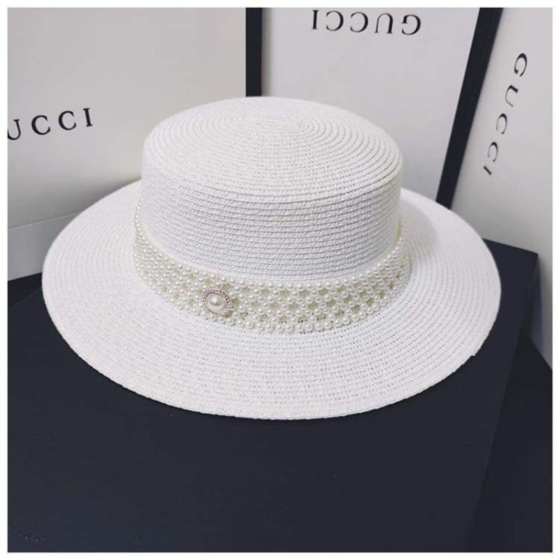 Mũ cói vành nhỏ đi biển đai ngọc đính hạt ngọc trắng sang chảnh