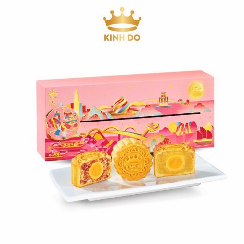 Hộp 3 Bánh Trung Thu Kinh Đô Mini - Hồng/Xanh 80g/bánh - Vị Xá xíu jambon , Hạt Sen , Đậu đỏ