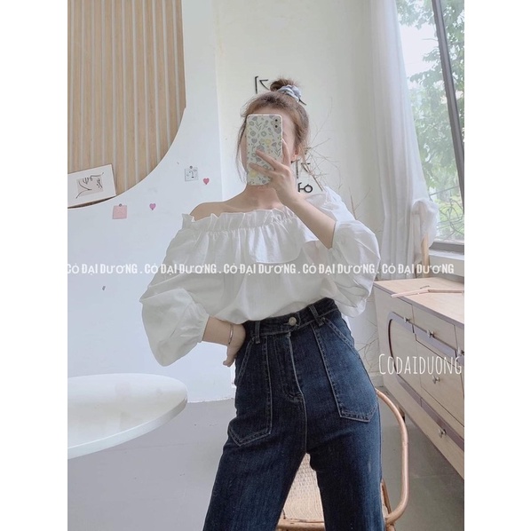 Áo Trễ Vai Bèo Tay Lửng L.Y Store Nữ [FREESHIP]  Thun đũi kiểu thiết kế bánh bèo tiểu thư màu XANH | TRẮNG Ulzzang