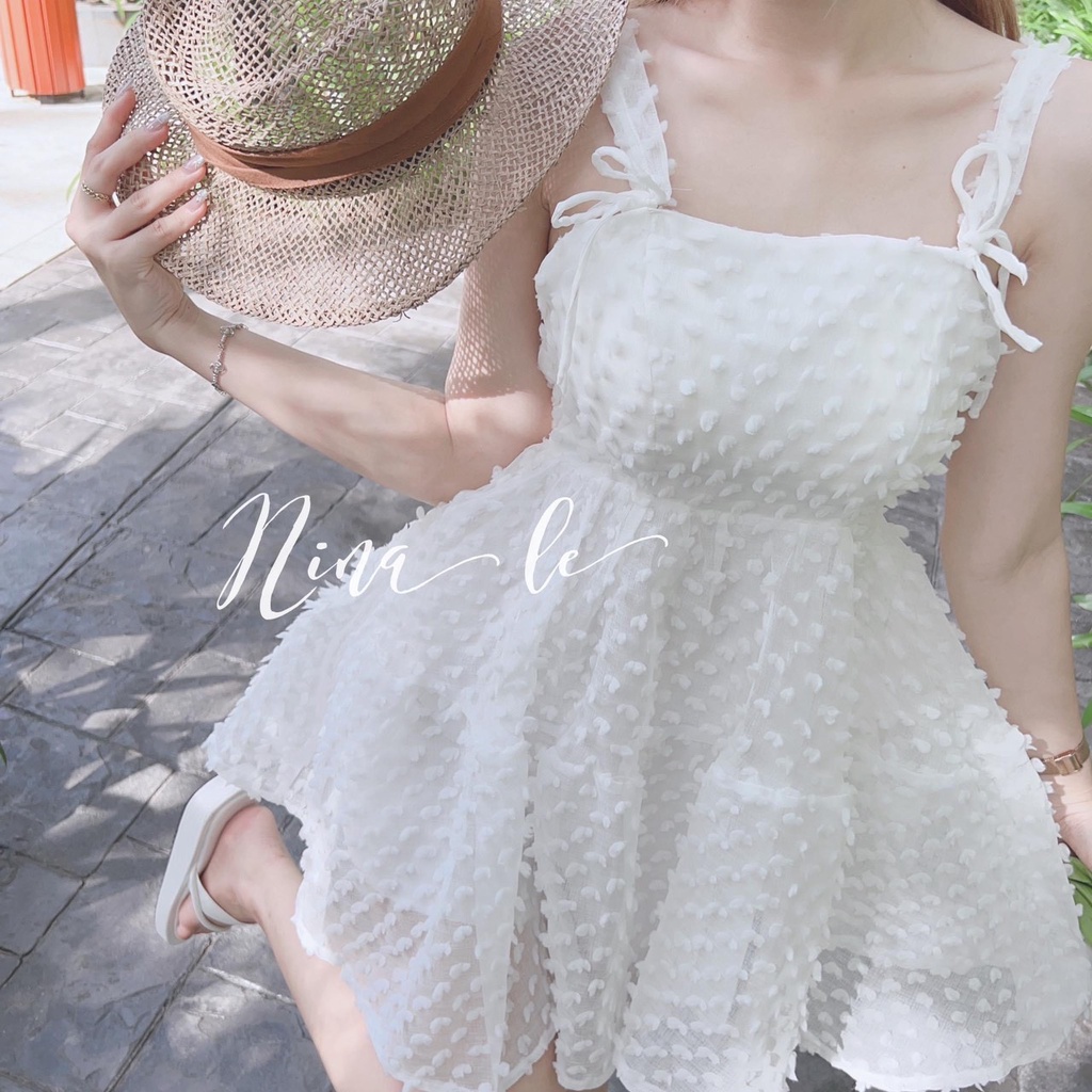Đầm xốp 2 dây babydoll tiểu thư, đầm voan xốp bông hở lưng cột nơ sau, đầm xòe phồng bánh bèo đi biển dễ thương