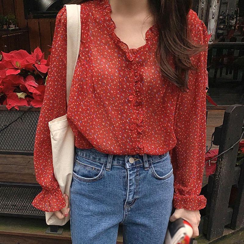 Áo Nữ Tay Dài Cổ Chữ V Họa Tiết Hoa Thời Trang Xinh Xắn Phong Cách Hàn Quốc