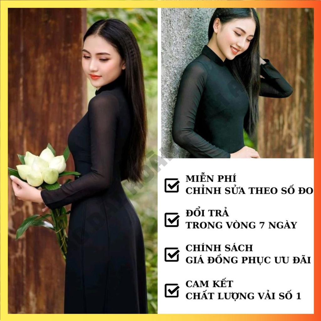 Áo dài 4 tà truyền thống lụa chiffon may sẵn màu đen có kèm quần bigsize vải loại 1 co giãn Kèm Ảnh Feedback- AD4TCF-Đen