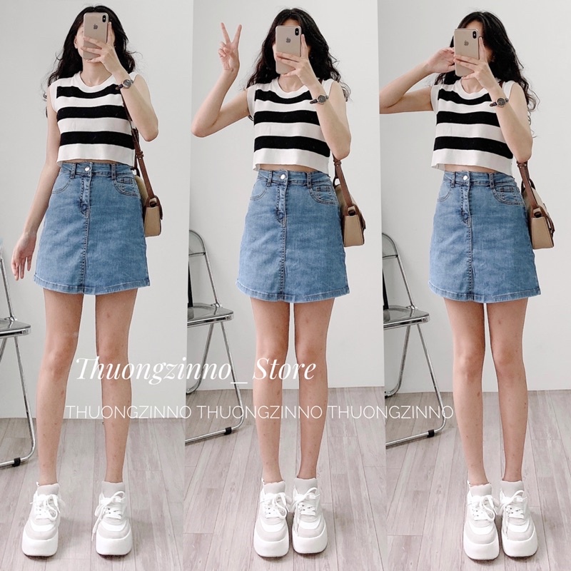 [Ảnh thật/Video]Chân váy jean ngắn co dãn có lót trong Chán váy bò jummy may gấu hàng đẹp form chuẩn Hàn Quốc