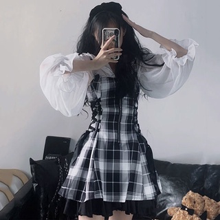 Set đầm dây rút + chân váy + áo kiểu tay dài mặc bên trong thời trang mùa thu cho nữ (có bán lẻ)