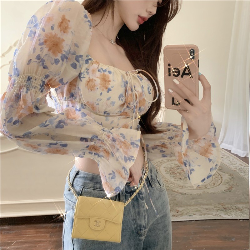 Cocory vn Áo croptop chất chiffon tay dài hoạ tiết hoa phong cách hàn quốc