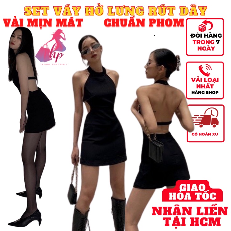 Váy đầm nữ hở lưng dạng yếm dáng xòe cài cúc màu đen thun gân sexy phong cách sang chảnh -VD141