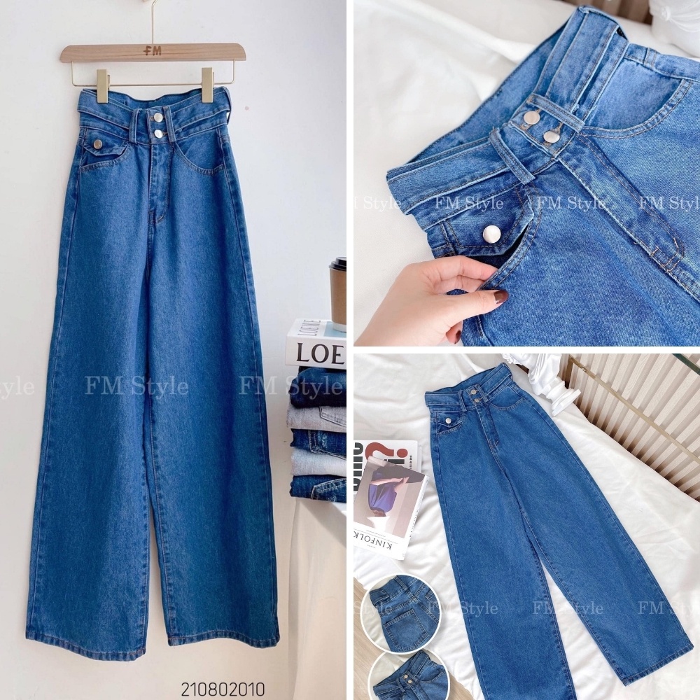 Quần jeans nữ Fm Style ống rộng lưng cao dáng suông 2 nút chất xịn mang đứng form 210802010