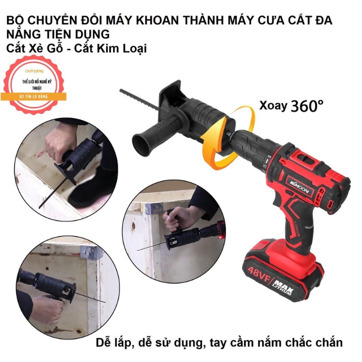 Đầu chuyển đổi máy khoan thành cưa lọng, cưa kiếm đa năng tặng kèm 03 lưỡi cưa ( có lưỡi cưa lẻ bán kèm theo )