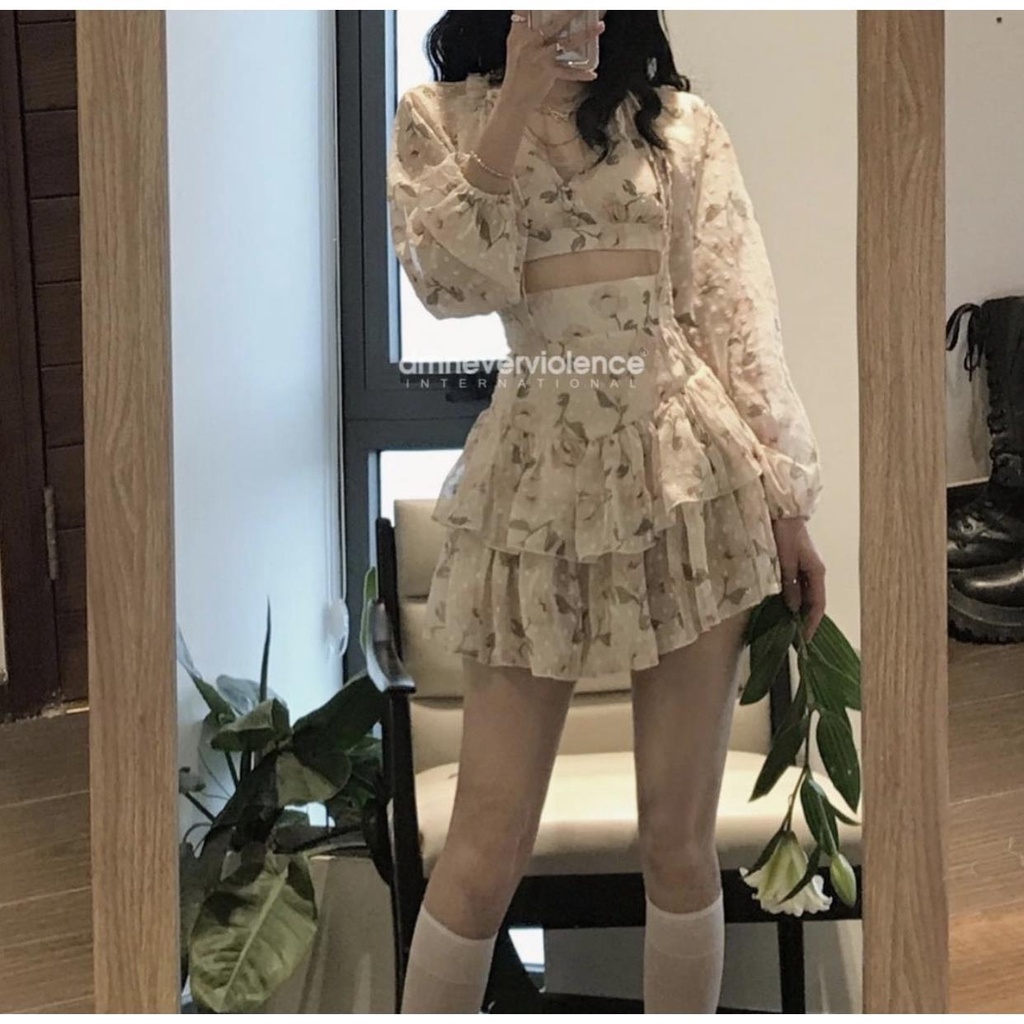 (Có Sẵn) Set chân váy và áo hoa khoét lưng phong cách sexy (Kèm ảnh thật)
