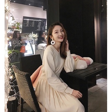 Đầm len dáng xoè xếp ly dài tay váy len tăm dệt kim kiểu suông nữ cổ tròn ôm ấm áp mùa đông giáng sinh xuông body Hàn