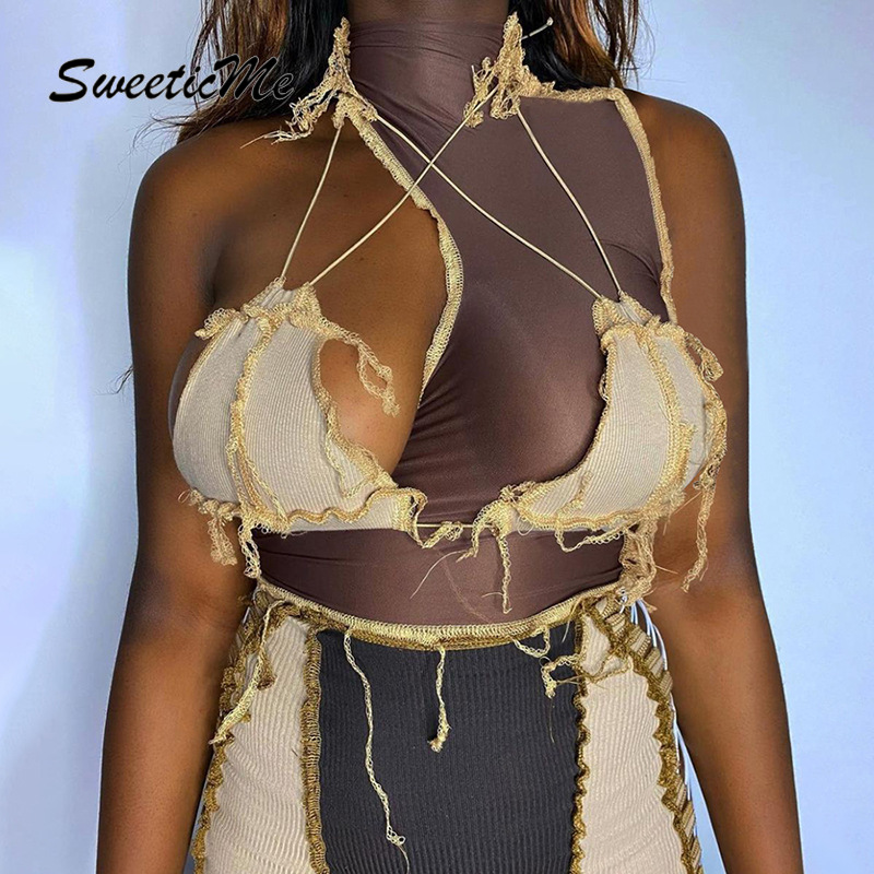 SweeticMe Women's 2021 New Sleeveless Sexy Hollow Fashion Stitching Backless Halter Slim Vest | BigBuy360 - bigbuy360.vn