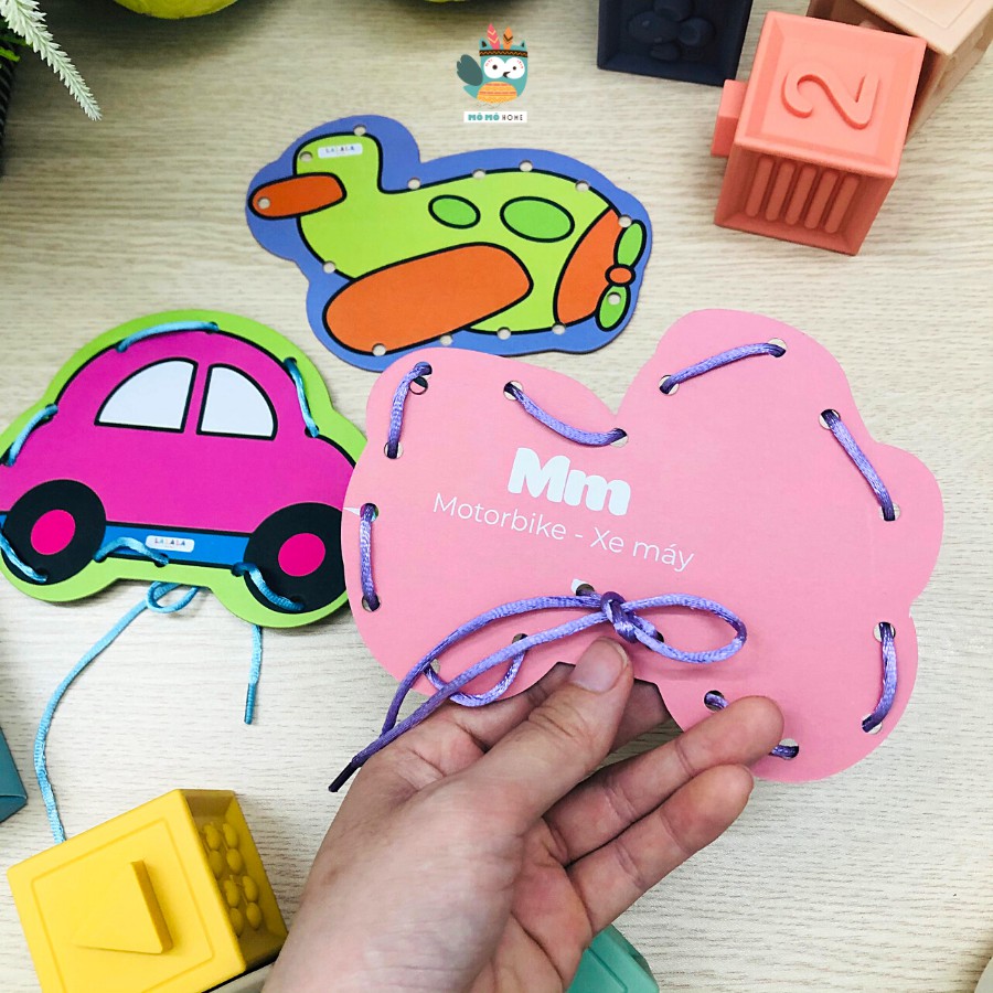 Đồ chơi cho trẻ 1 tuổi, Bộ 10 hình xỏ dây hình thù ngộ nghĩnh, đồ chơi con vật, khủng long, Mô Mô Home