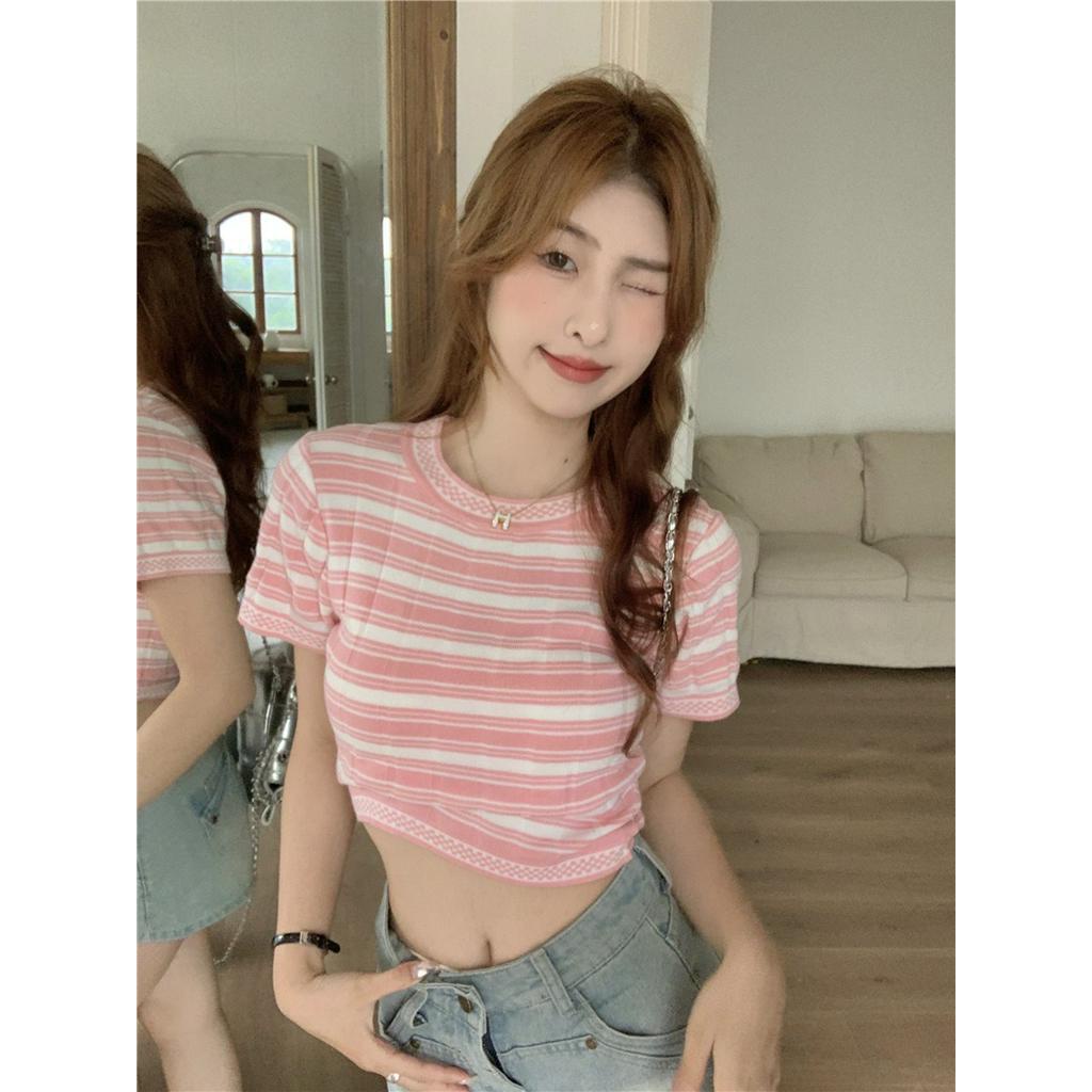 Áo Thun Dáng Ôm Ngắn Tay Cổ Tròn Kẻ Sọc Màu Sắc Tương Phản Thời Trang 62242