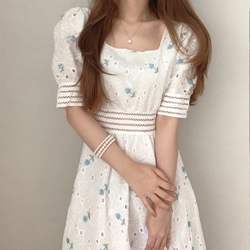 Đầm Dài Tay Phồng Cổ Vuông Thêu Họa Tiết Hoa Phong Cách Hàn Quốc Thời Trang Mùa Hè Cho Nữ