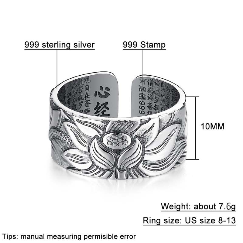 COD 100% Real 999  Silver Jewelry Lotus Flower Open Ring For Men Male Fashion Free Size Buddhistic Heart Sutra Rings Gifts MK