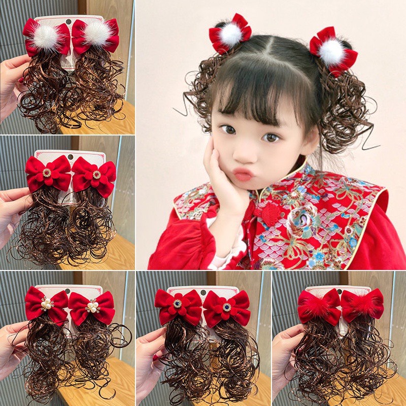 Set 2 kẹp tóc giả nơ cục bông dễ thương cho bé gái phong cách hàn quốc