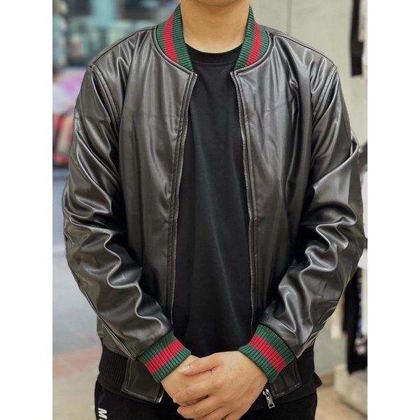 Áo khoác da Gu.cc.ii viền xanh đỏ-cổ bomber💥HÀNG 1:1💥Áo da G.C. Nam da xịn nhập khẩu New