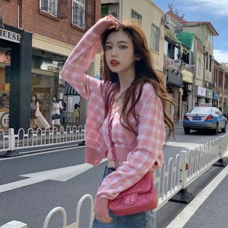 Set áo khoác cardigan - bra croptop caro xuân thu trẻ trung dễ thương