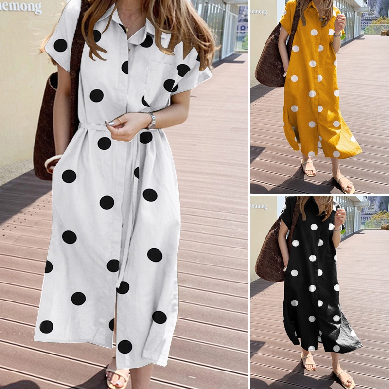 Đầm maxi ZANZEA tay ngắn dáng rộng họa tiết chấm bi phong cách vintage thời trang cho nữ