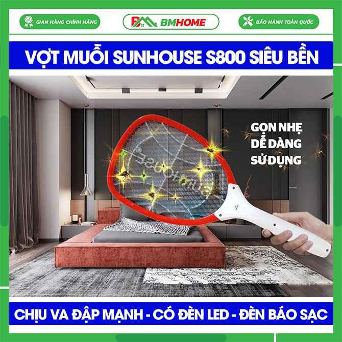 Vợt muỗi Sunhouse S800, Vợt muỗi Sunhouse tích hợp đèn Led và đèn báo sạc tiện dụng, sử dụng lâu bền, chịu va đập mạnh