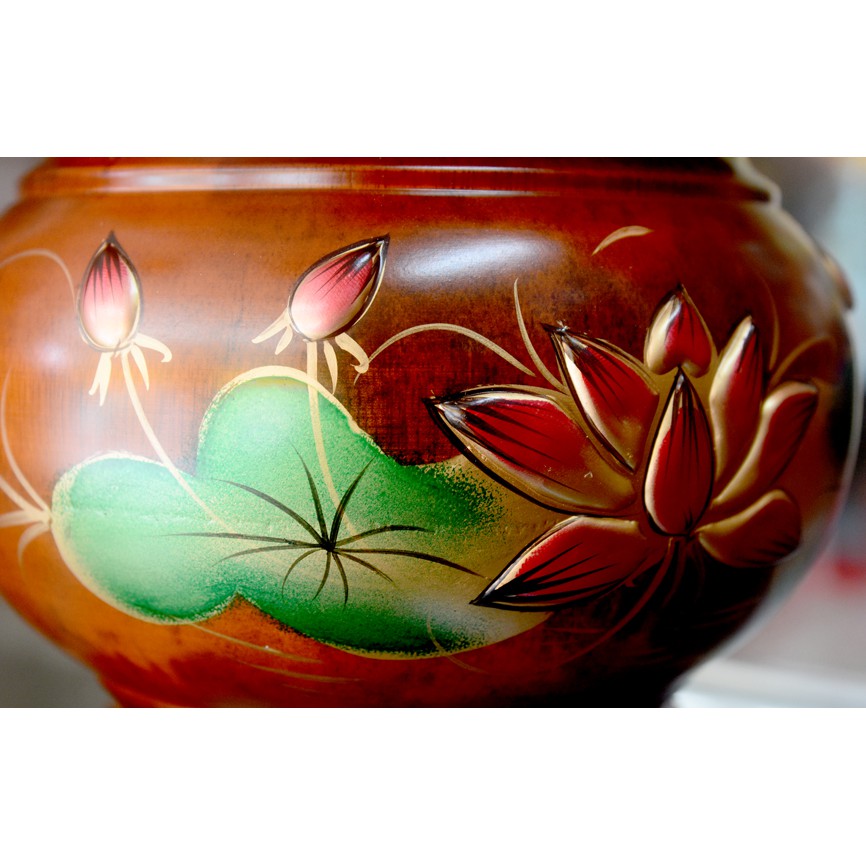 Lư hương gỗ thờ cúng khắc nổi hoa sen