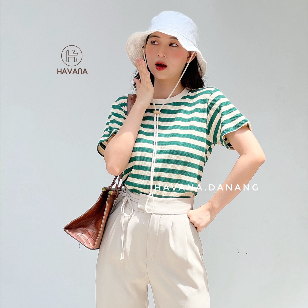 Áo thun nữ ngắn tay cổ tròn kẻ sọc, áo dệt kim co giãn phong cách Hàn Quốc AE213