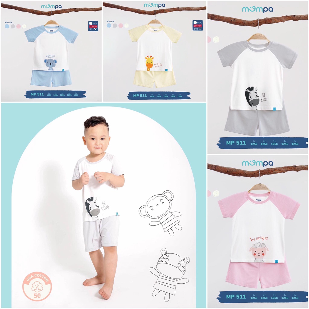 [CHÍNH HÃNG] Bộ cộc tay cài vai raglan cotton hoạ tiết trẻ em Mompa