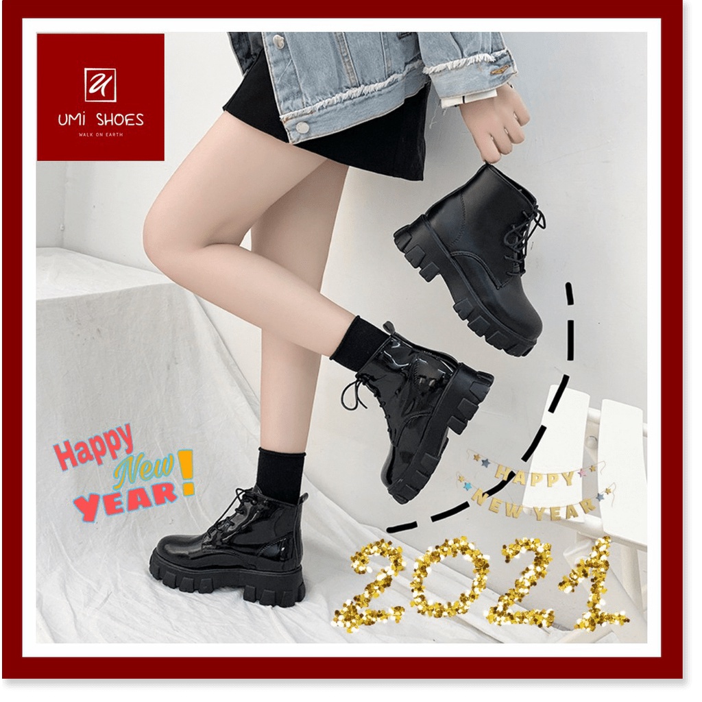 𝔹𝕆𝕊𝕊 𝕊ℍ𝕆𝔼𝕊 ⚜️ Giày Bốt nữ mới Ulzzang da bóng/ lì màu đen buộc dây đế răng cưa to bự đế cao hot trend mẫu mới xi