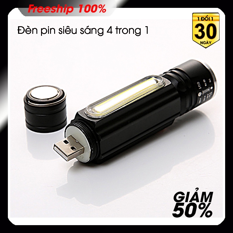 Đèn pin siêu sáng, 4 trong 1, đèn cob , đèn pha , có móc , có nam châm hút,có sạc cổng usb có cổ dê nhựa có video.