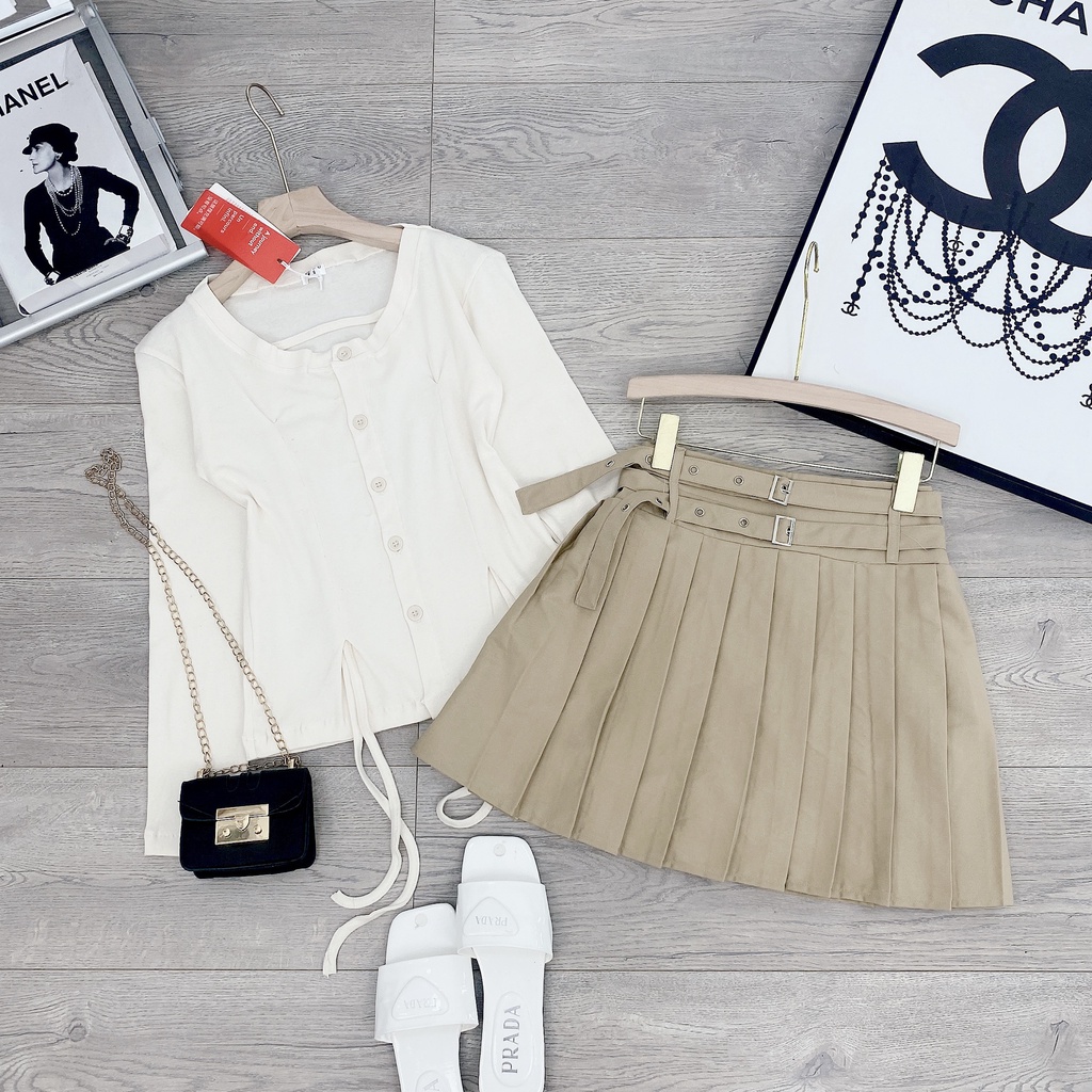 Set áo len be dài tay rút eo mix chân váy xếp ly kèm đai