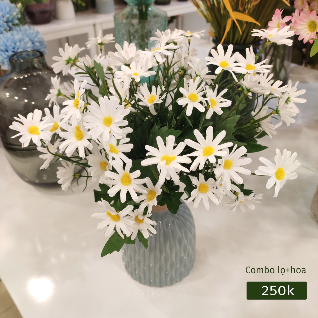Hoa giả, hoa lụa - Combo bình + hoa cúc họa mi giả trang trí, cao 35cm - Han decor