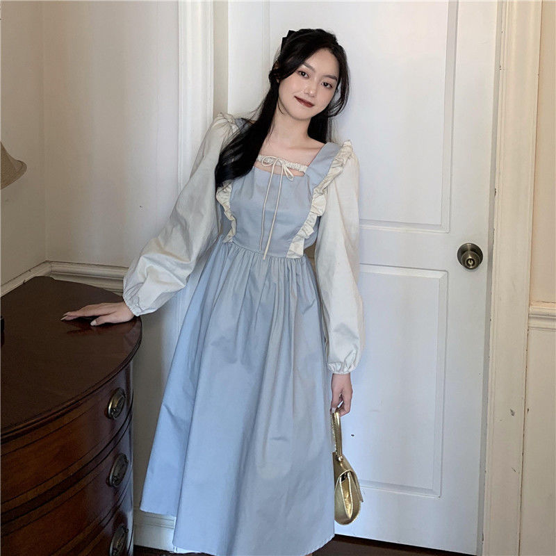 2021Spring French Minority Palace Style Long-Sleeved Dress Waist Slimming Gentle Fairy Temperamental Long Dress