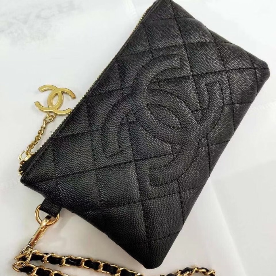 CHANEL Caviar leather clutch Chain wristlet bag With box women purse