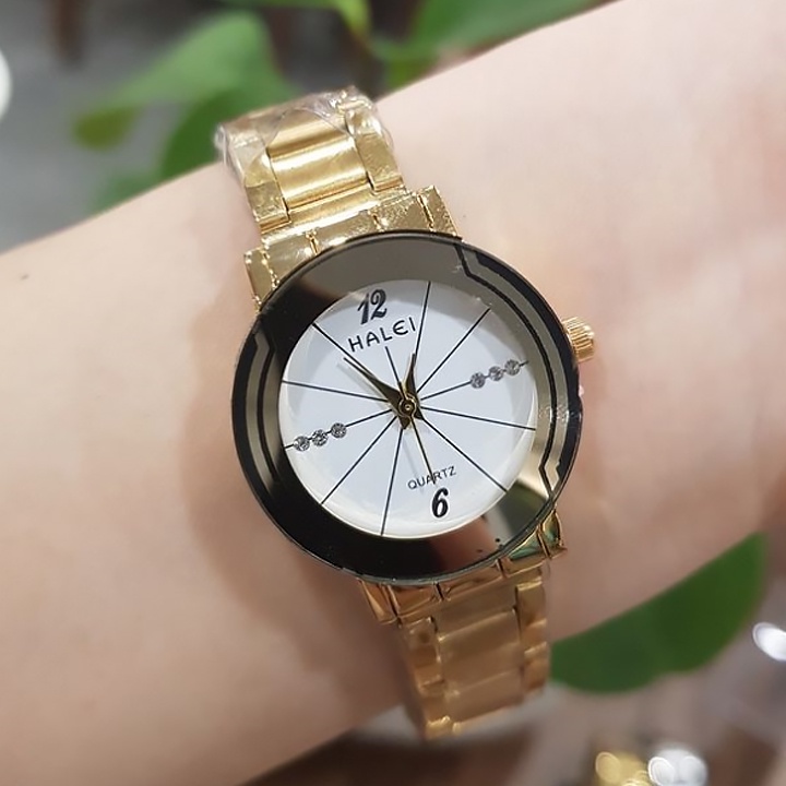 Đồng hồ thời trang HALEI Nam Nữ chính hãng mặt tròn thép không gỉ dây mạ màu vàng