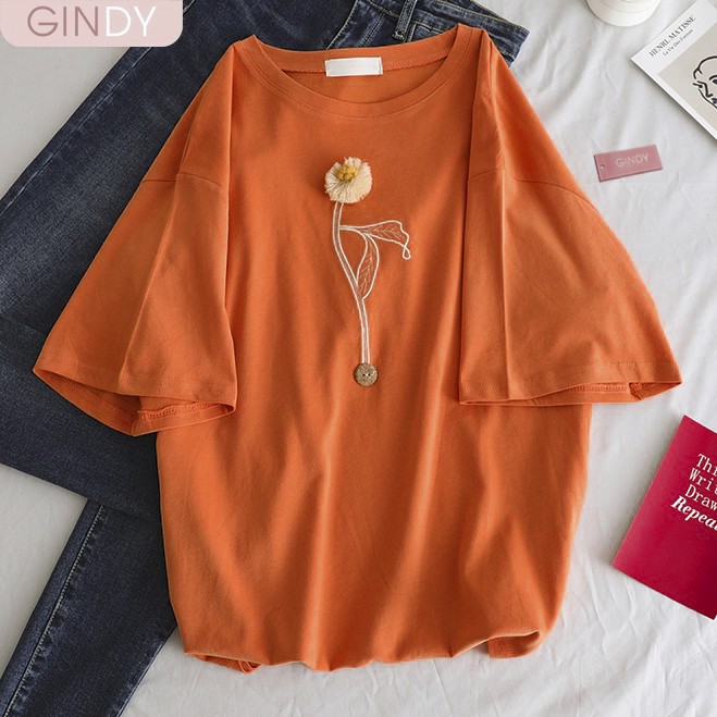 Áo phông unisex nữ cổ tròn GINDY in hình hoa tay lỡ dáng basic chất cotton co giãn, thoáng mát A049