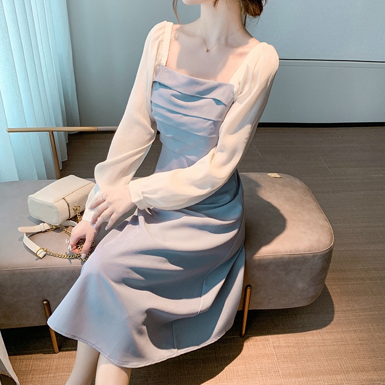 Đầm chiết eo Perty màu xanh lam phong cách Hàn Quốc thời trang mùa hè cho nữ