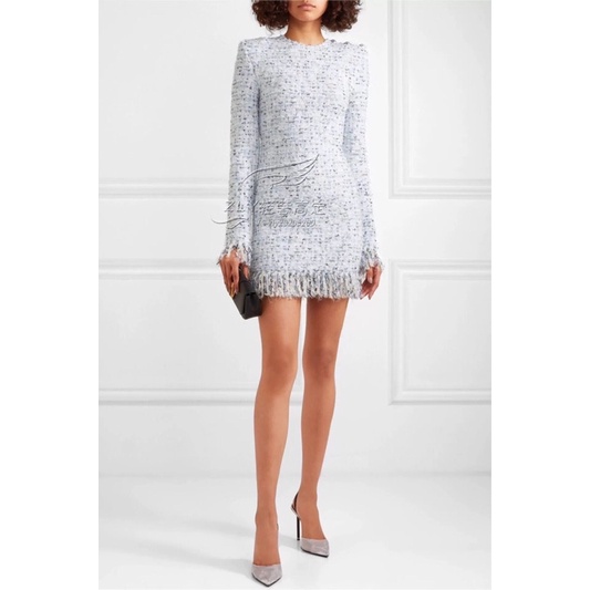 Đầm len nữ dài tay dáng ôm viền tua rua mẫu mới thương hiệu Balmain cao cấp