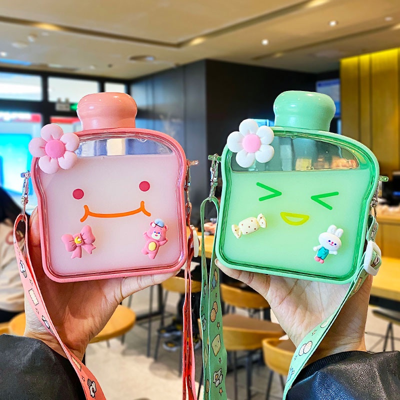 Bình nước cute 400ml, bình đựng nước cao cấp có dây đeo