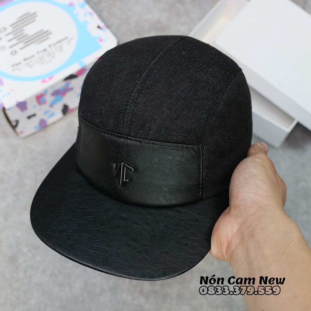Nón Snapback hàng chính hãng Nón Cam mũ nam vải jean dáng 5 tấm phối da chất lượng cao màu đen huyền thoại