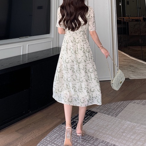 Đầm Hoa Ngắn Tay Cổ Chữ V Thanh Lịch Cho Nữ