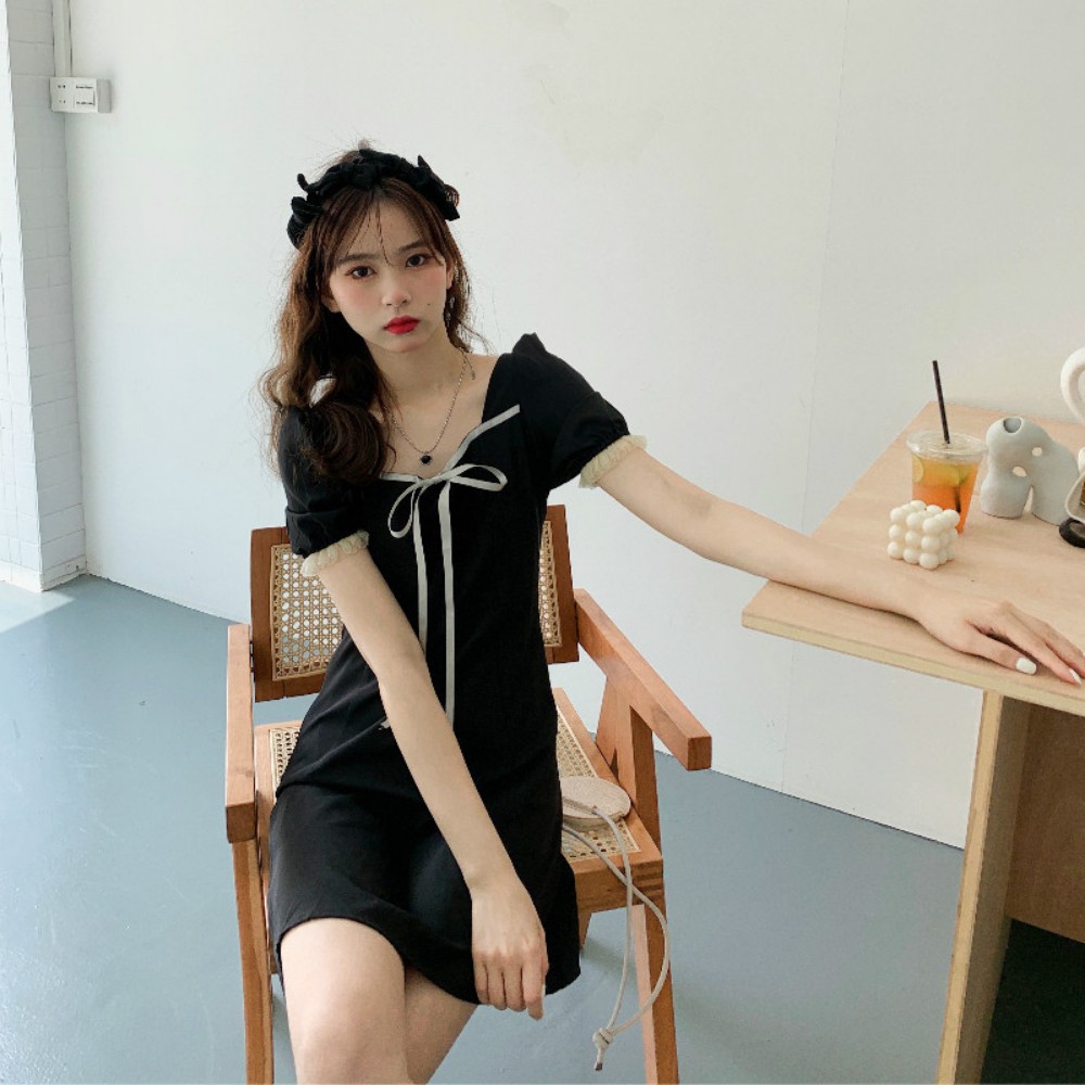 Váy nữ , váy đầm nữ thiết kế cổ vuông ngực thắt nơ , dáng váy ôm tay ngắn ATILA.SHOP | BigBuy360 - bigbuy360.vn