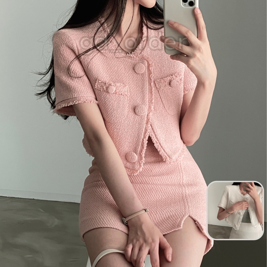 B40|Set bộ công sở sang trọng thanh lịch hàn quốc áo croptop cổ tròn kèm chân váy ngắn gd_order