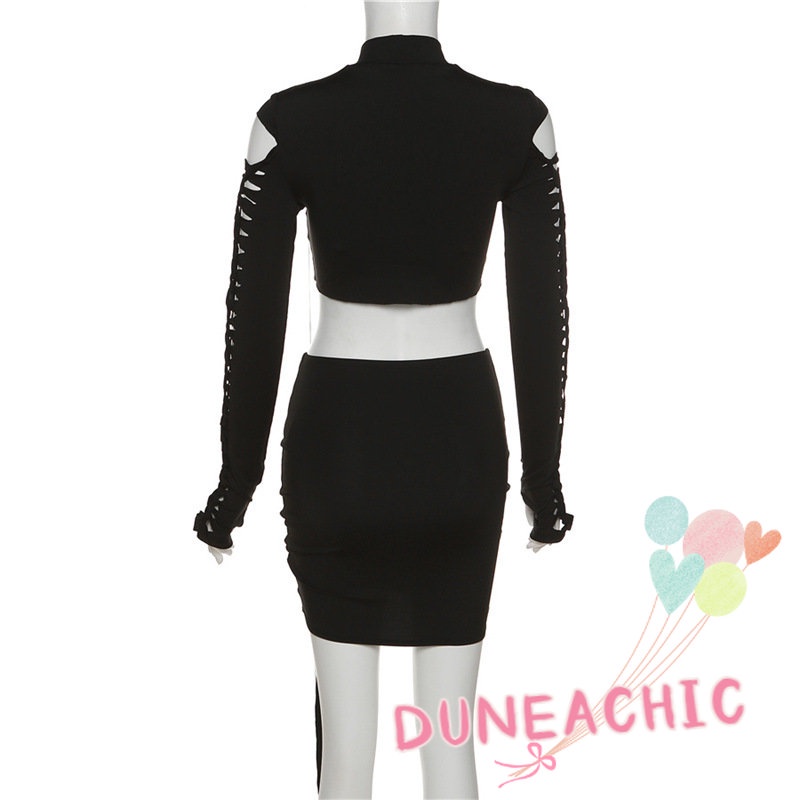 DUNEA Set Áo Thun Cổ Tròn Dài Tay Và Chân Váy Phong Cách Quyến Rũ Dành Cho Nữ