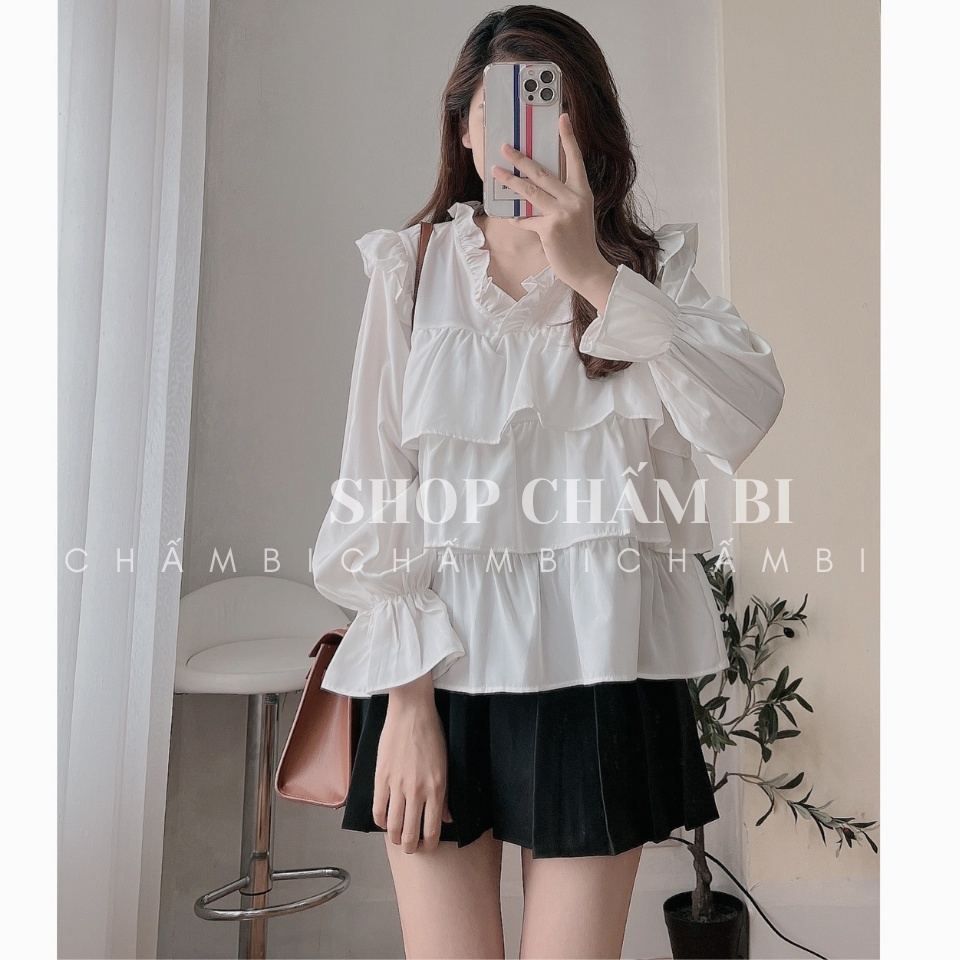 ❉♘✢Áo kiểu nữ bánh bèo A.290, sơ mi babydoll dài tay 3 tầng xòe bo nhẹ cổ tim cách điệu ngọt ngào cực xinh